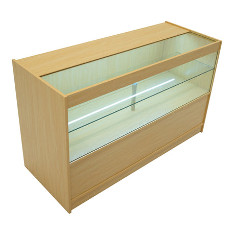 C1500 LED-Ladentheke aus hellem Ahornholz, mit gläserner Vitrine und integrierter Beleuchtung, ideal für den Einzelhandel und Ausstellungen