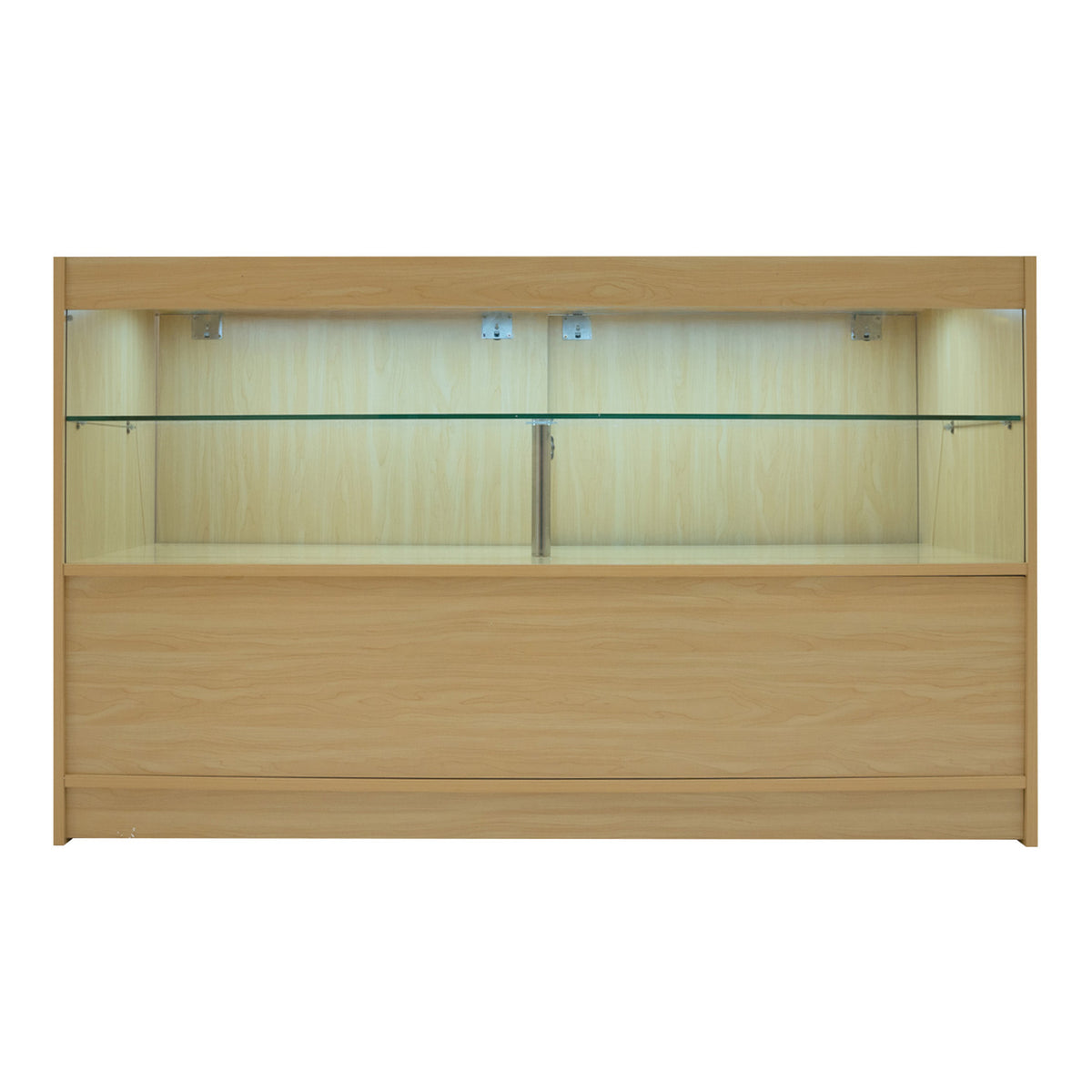 Elegante LED-Ladentheke in Ahornoptik mit gläsernen Regalen, sanfter Beleuchtung und modernem, minimalistischen Design für stilvolle Präsentation