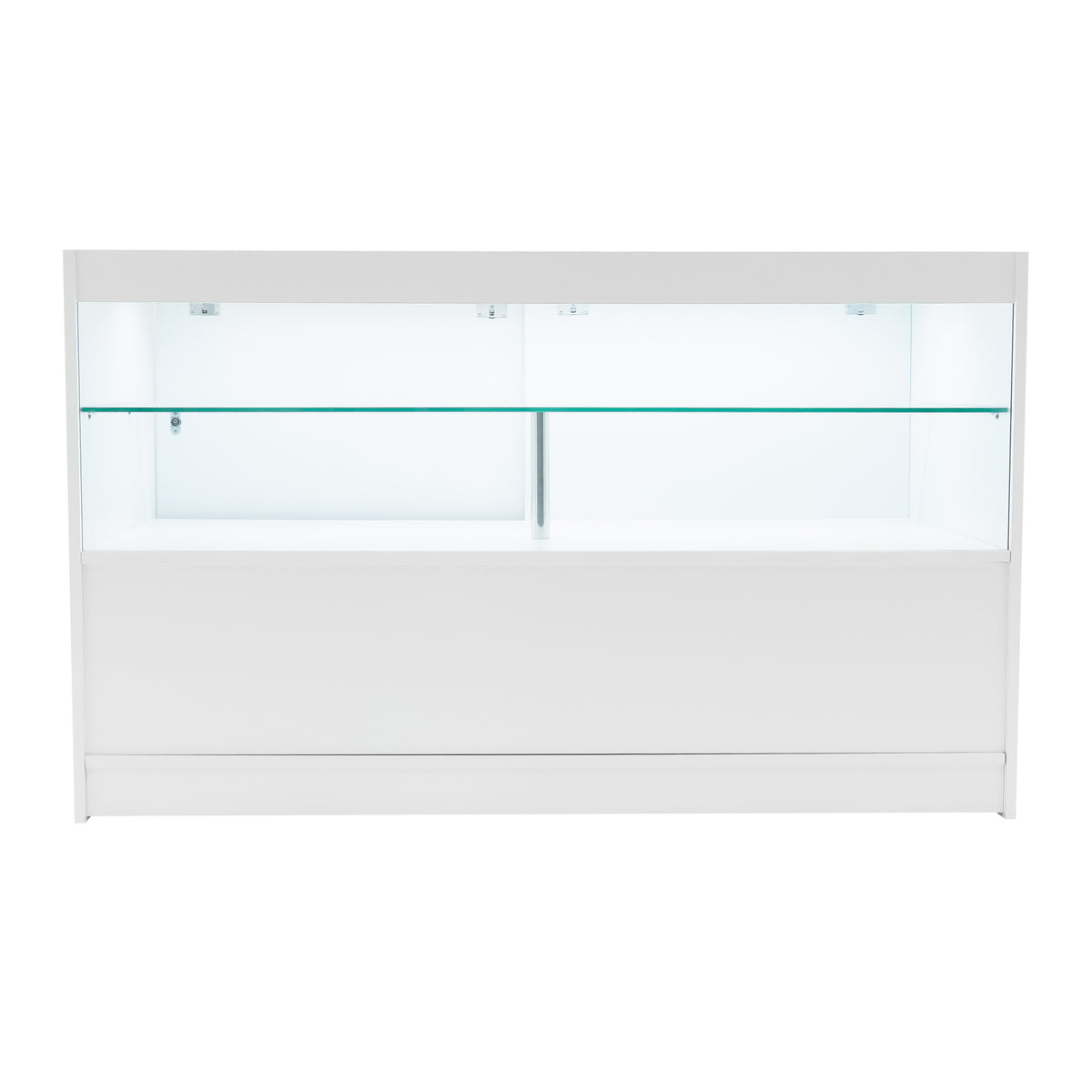 Moderne, weiße LED-Ladentheke mit gläsernen Regalen, ideal für die Präsentation von Produkten in Geschäften oder Ausstellungen