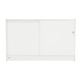 Moderne, weiße LED-Ladentheke mit glatter Oberfläche, zwei Schiebetüren und eleganter, minimalistischer Gestaltung für Verkaufsräume