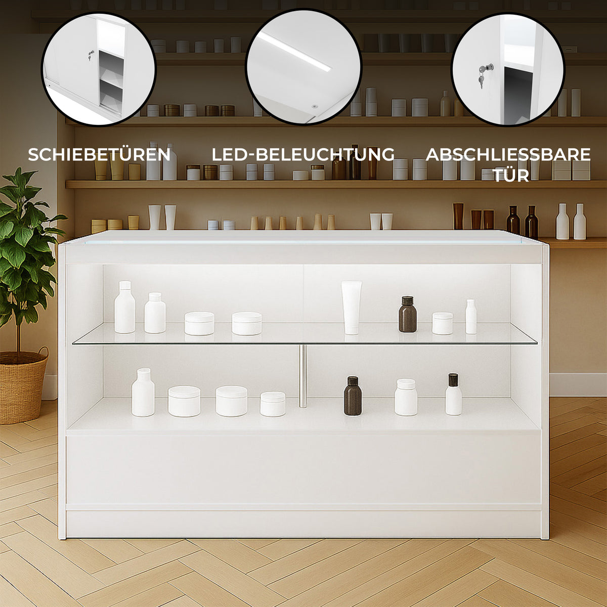 Moderne weiße LED-Ladentheke mit Glasregalen, Schiebetüren und abschließbarer Tür, ideal für die Präsentation von Produkten in Geschäften