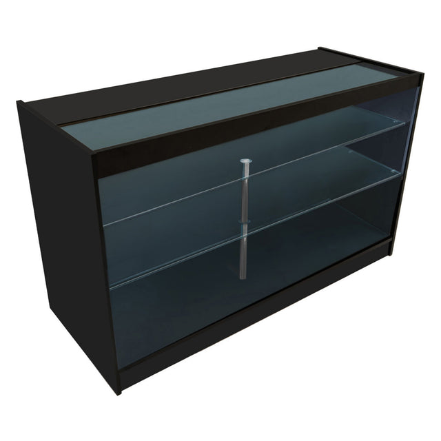 Schwarze LED-Ladentheke mit gläsernen Regalen und einer eleganten, modernen Form, ideal für die Präsentation von Produkten im Einzelhandel