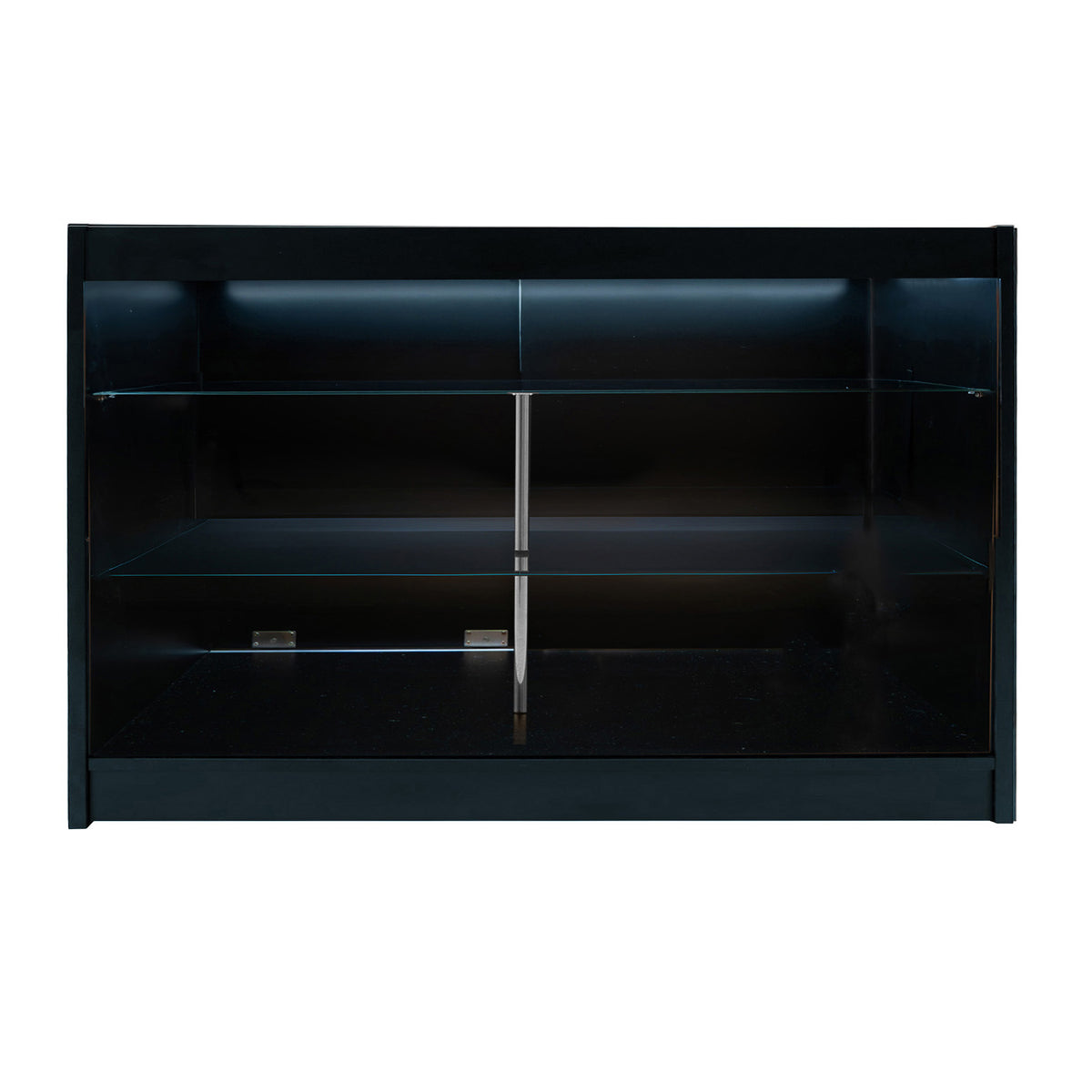 Schwarze LED-Ladentheke mit glatten Oberflächen, zwei transparenten Glasregalen und eleganter Beleuchtung für moderne Verkaufsräume