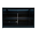 Schwarze LED-Ladentheke mit glatten Oberflächen, zwei transparenten Glasregalen und eleganter Beleuchtung für moderne Verkaufsräume
