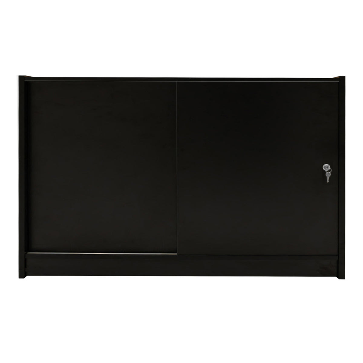 Schwarze LED-Ladentheke mit glatter Oberfläche, eleganten Linien und einem Schlüsselschloss für Sicherheit und Funktionalität
