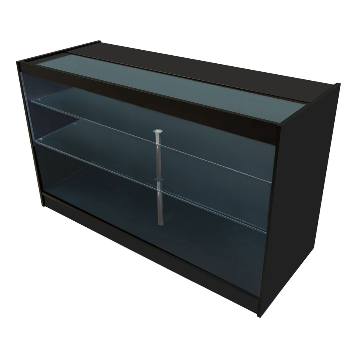 Schwarze LED-Ladentheke mit zwei Glasregalen, elegantem Design und klaren Linien, ideal für die Präsentation von Produkten im Einzelhandel