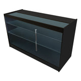 Schwarze LED-Ladentheke mit zwei Glasregalen, elegantem Design und klaren Linien, ideal für die Präsentation von Produkten im Einzelhandel