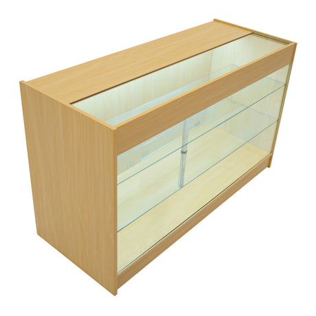 Moderne K1500 LED-Ladentheke aus Ahornholz mit transparenten Glasregalen, elegantem Design und sanfter Beleuchtung für optimale Produktpräsentation