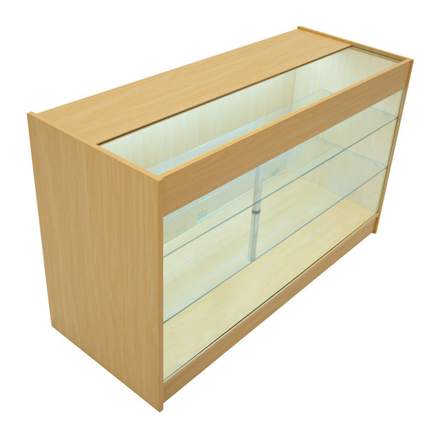 Moderne K1500 LED-Ladentheke aus Ahornholz mit transparenten Glasregalen, elegantem Design und sanfter Beleuchtung für optimale Produktpräsentation