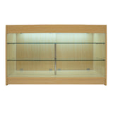K1500 LED-Ladentheke aus hellem Ahornholz mit zwei Glasregalen, sanfter Beleuchtung und modernem, minimalistischen Design