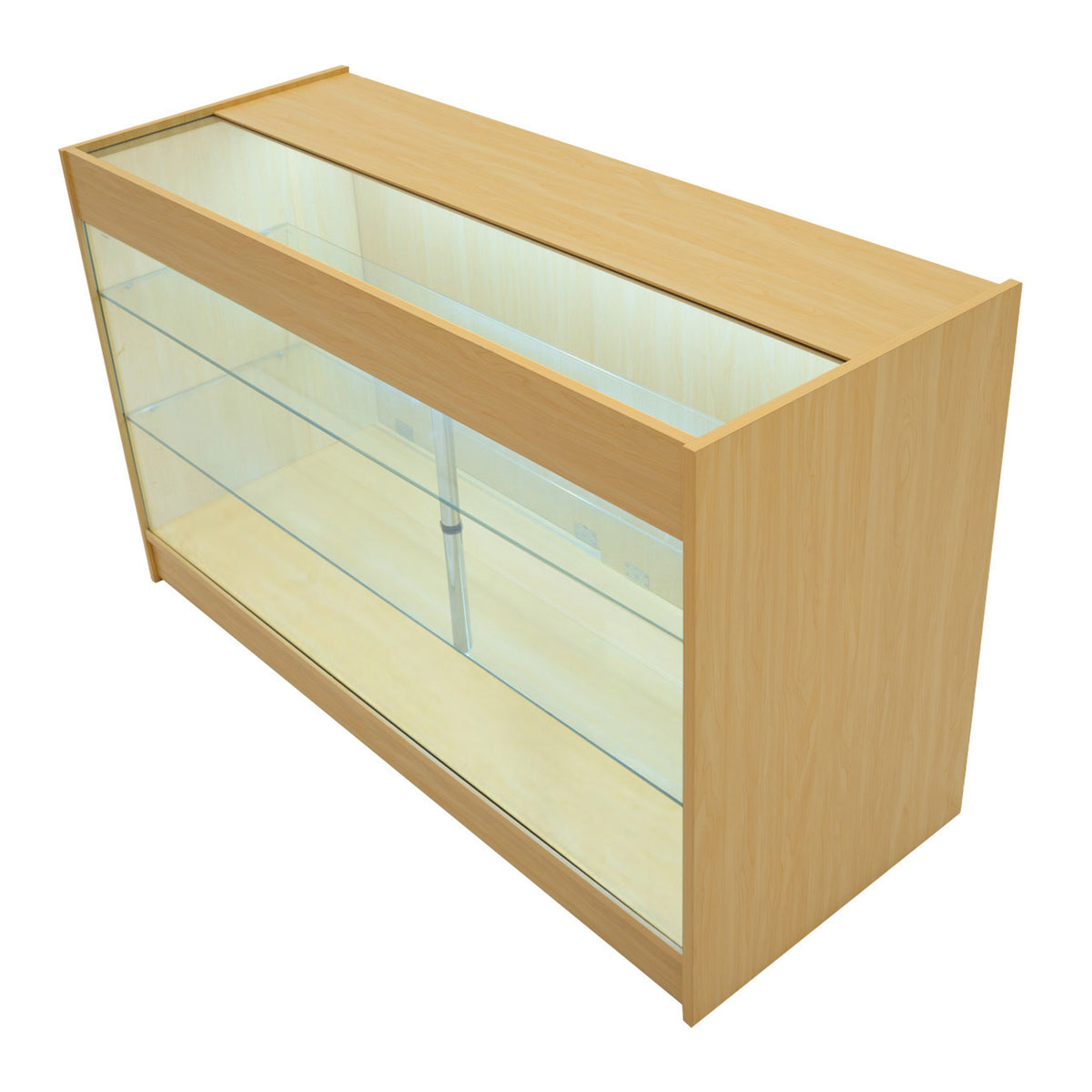 Moderne LED-Ladentheke aus hellem Ahornholz mit klaren Glasflächen, ideal für die Präsentation von Produkten in Geschäften