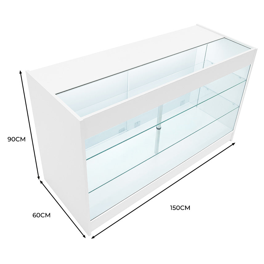 Moderne, weiße LED-Ladentheke mit transparenten Glasregalen, eleganter, minimalistischer Design und klaren Linien, ideal für den Einzelhandel