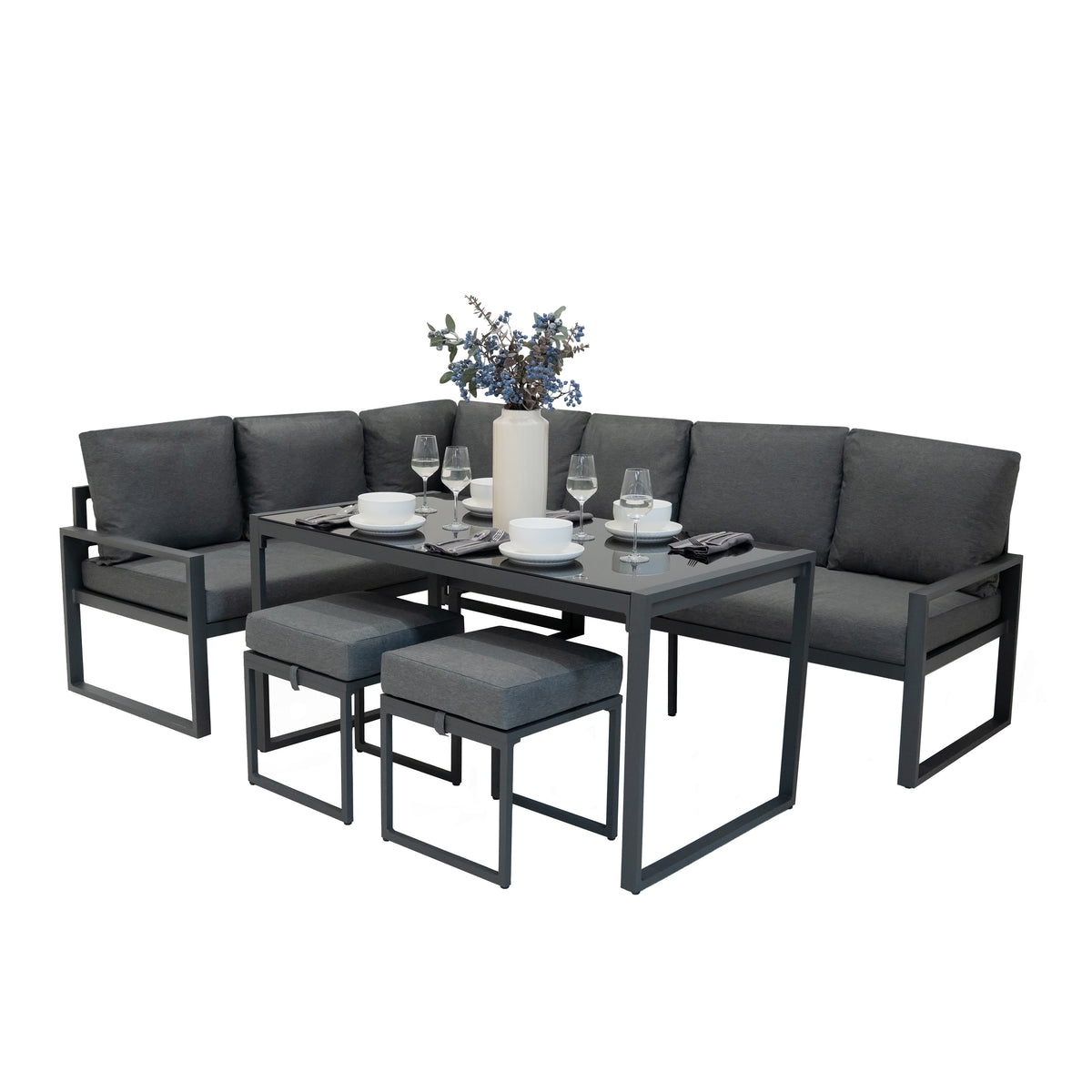 Fünfteiliges Ecksofa-Set in Anthrazitgrau mit weichen Kissen, eleganten Metallrahmen und einem modernen Tisch, perfekt für stilvolle Außenbereiche