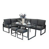 Fünfteiliges Ecksofa-Set in Anthrazitgrau mit weichen Kissen, eleganten Metallrahmen und einem modernen Tisch, perfekt für stilvolle Außenbereiche