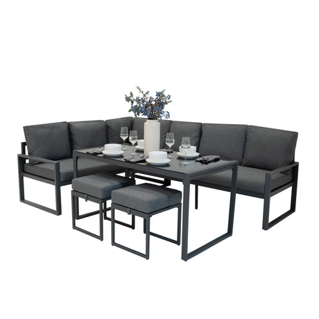 Fünfteiliges Ecksofa-Set in Anthrazitgrau mit weichen Kissen, eleganten Metallrahmen und einem modernen Tisch, perfekt für stilvolle Außenbereiche