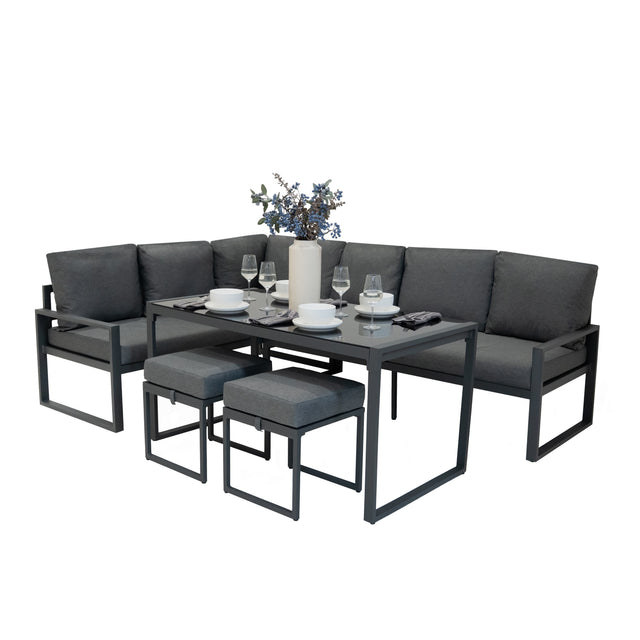 Fünfteiliges Ecksofa-Set in Anthrazitgrau mit weichen Kissen, eleganten Metallrahmen und einem modernen Tisch, perfekt für stilvolle Außenbereiche