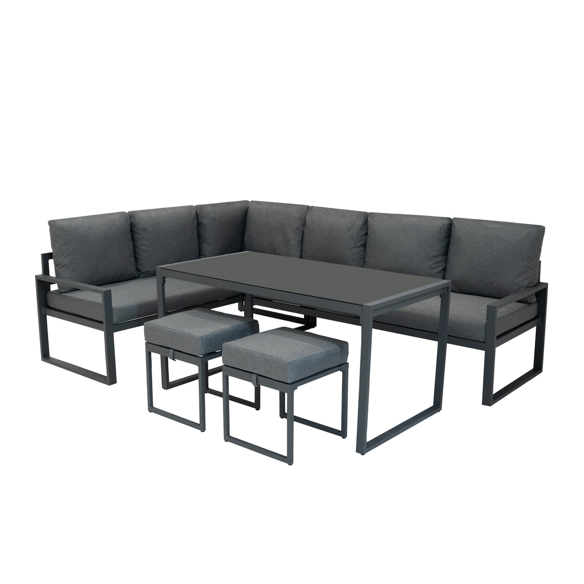 Fünfteiliges Ecksofa-Set in Anthrazitgrau mit weichen Kissen, eleganter Aluminiumrahmen und modernem Design, ideal für Garten oder Terrasse