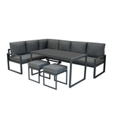 Fünfteiliges Ecksofa-Set in Anthrazitgrau mit weichen Kissen, eleganter Aluminiumrahmen und modernem Design, ideal für Garten oder Terrasse