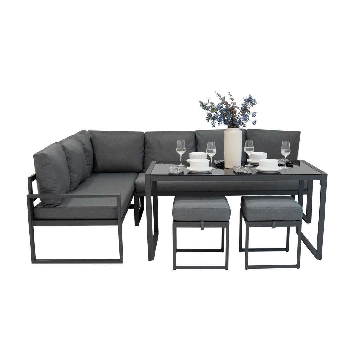 Fünfteiliges Ecksofa-Set in Anthrazitgrau mit weichen Kissen, modernem Aluminiumrahmen, Tisch und Hockern, ideal für stilvolle Outdoor-Bereiche