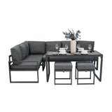 Fünfteiliges Ecksofa-Set in Anthrazitgrau mit weichen Kissen, modernem Aluminiumrahmen, Tisch und Hockern, ideal für stilvolle Outdoor-Bereiche