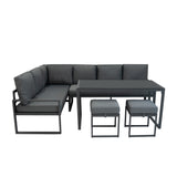 Fünfteiliges Ecksofa-Set aus Aluminium in anthrazitgrau, mit weichen Polstern, modernem Design und passendem Tisch sowie zwei Hockern