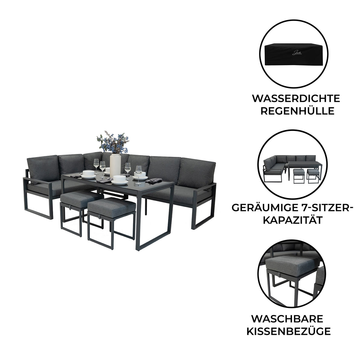 Fünfteiliges Ecksofa-Set in anthrazitgrau mit robustem Aluminiumrahmen, weichen, waschbaren Kissen und geräumiger 7-Sitzer-Kapazität, ideal für den Außenbereich