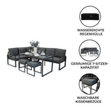 Fünfteiliges Ecksofa-Set in anthrazitgrau mit robustem Aluminiumrahmen, weichen, waschbaren Kissen und geräumiger 7-Sitzer-Kapazität, ideal für den Außenbereich