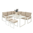 Elegantes 5-teiliges Ecksofa-Set aus Aluminium in Weiß mit beigen Kissen, ideal für den Außenbereich, stilvoll und bequem