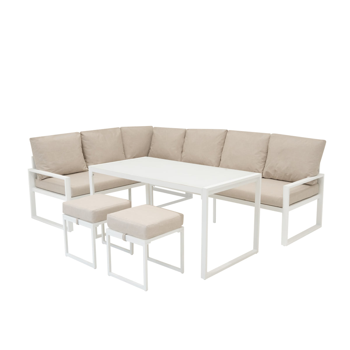 Weißes Aluminium-Ecksofa-Set mit fünf Teilen, gepolstert in hellem Beige, modernes Design mit klaren Linien und bequemen Sitzflächen