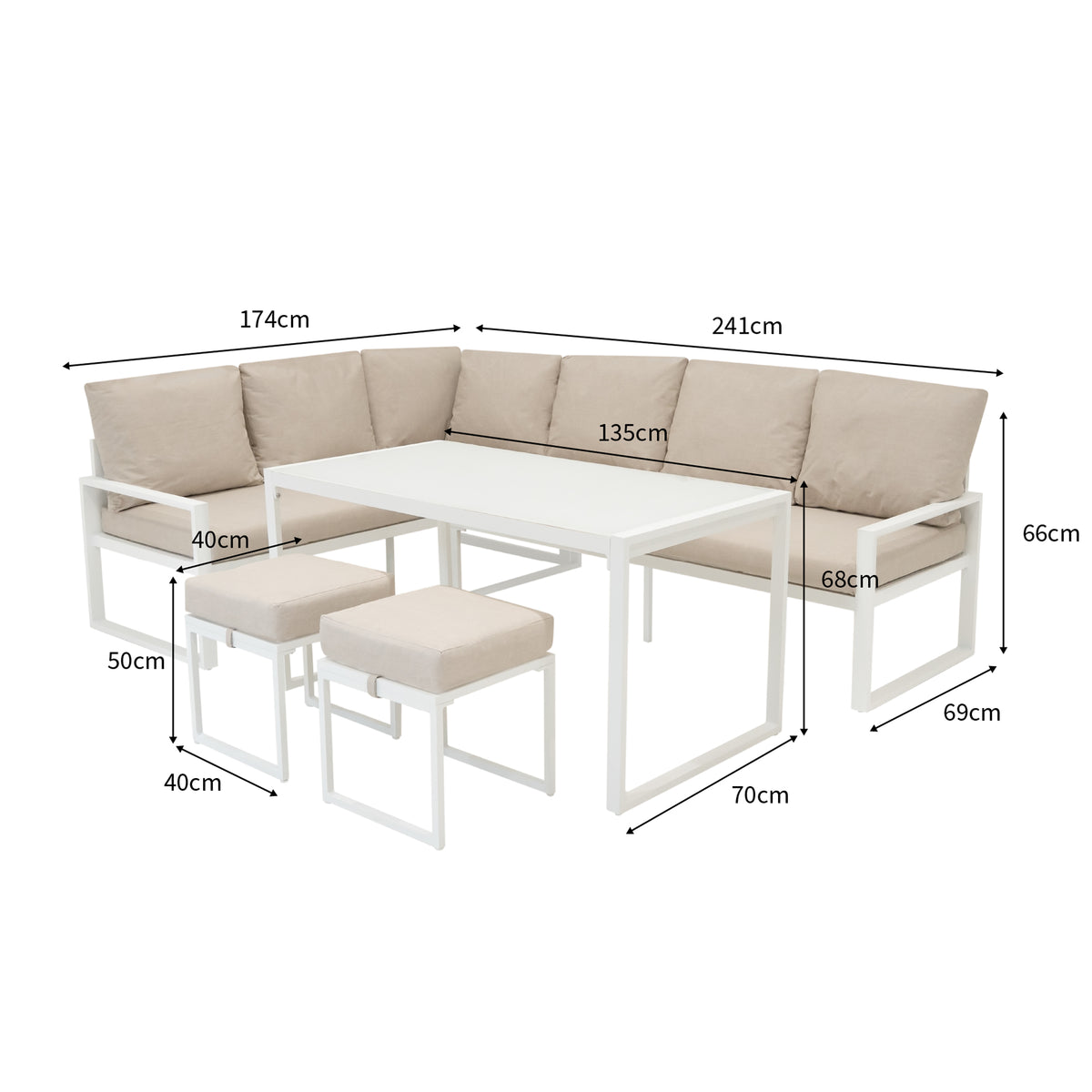 Fünfteiliges Ecksofa-Set aus Aluminium in Weiß mit beigen Polstern, modernem Design und klaren Linien, ideal für den Außenbereich
