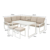 Fünfteiliges Ecksofa-Set aus Aluminium in Weiß mit beigen Polstern, modernem Design und klaren Linien, ideal für den Außenbereich