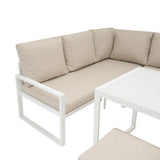Elegantes 5-teiliges Ecksofa-Set aus Aluminium in Weiß mit beigen, gepolsterten Kissen und modernem, minimalistischen Design für stilvolle Außenbereiche