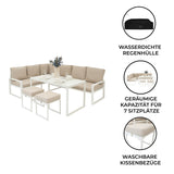 Weißes Aluminium 5-teiliges Ecksofa-Set mit beigen Kissen, ideal für 7 Personen, inklusive wasserdichter Regenhülle und waschbaren Bezügen