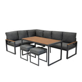 Fünfteiliges Ecksofa-Set aus Aluminium mit grauen Polstern und Holzplatte, modernes Design, ideal für den Außenbereich oder Gartenmöbel