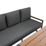 Elegantes 5-teiliges Ecksofa-Set aus Aluminium mit grauem Stoffbezug und Holzarmlehnen, ideal für den Außenbereich oder moderne Wohnräume