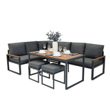 Fünfteiliges Ecksofa-Set aus Aluminium mit grauen Kissen, Holzplatte und Rattan-Aufbewahrungsbox, ideal für den Außenbereich