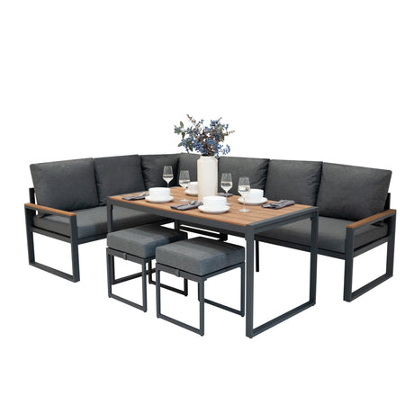 Fünfteiliges Ecksofa-Set aus Aluminium mit grauen Kissen, Holzplatte und Rattan-Aufbewahrungsbox, ideal für den Außenbereich