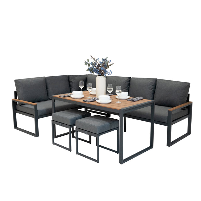 Fünfteiliges Ecksofa-Set aus Aluminium mit grauen Kissen, Holzplatte und Rattan-Aufbewahrungsbox, ideal für den Außenbereich