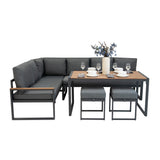 Elegantes 5-teiliges Ecksofa-Set aus Aluminium mit grauen Polstern und Holzplatte, ideal für stilvolle Außenbereiche und gesellige Zusammenkünfte