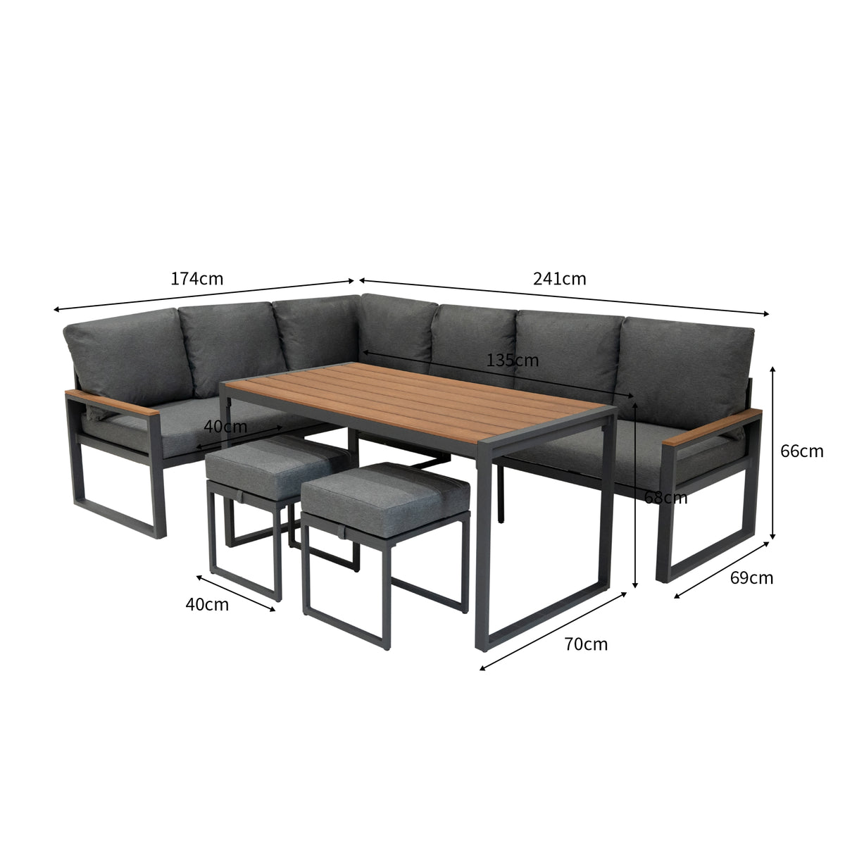 Fünfteiliges Aluminium Ecksofa-Set mit grauem Polster, Holzdetails und modernem Design, ideal für Garten oder Terrasse, Maße: 174x241cm