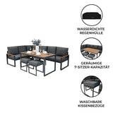 Fünfteiliges Ecksofa-Set aus Aluminium mit Holzdetails, grauen Kissen und einem eleganten Tisch, ideal für Garten oder Terrasse