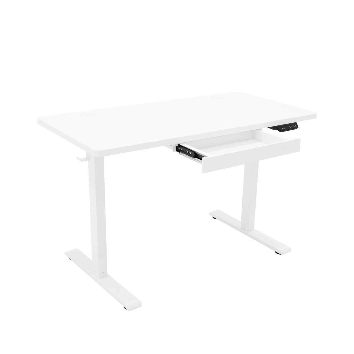 Elektrischer Stehschreibtisch in Weiß mit einer praktischen Schublade, 120 cm x 60 cm, modernes Design und glatte Oberfläche für komfortables Arbeiten