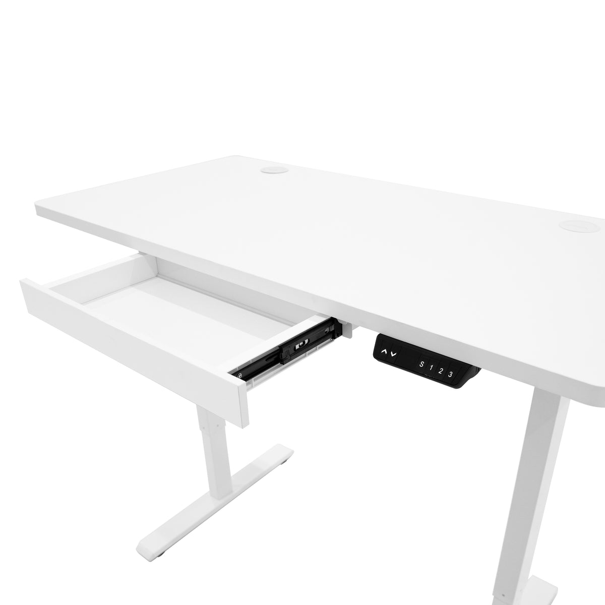 Elektrischer Stehschreibtisch in Weiß mit einer praktischen Schublade, modernem Design und stabilen, verstellbaren Füßen für ergonomisches Arbeiten