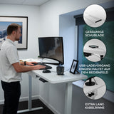 Hochwertiger elektrischer Stehschreibtisch in Weiß mit Schublade, USB-Anschluss und extra langem Kabel, ideal für modernes Arbeiten und Homeoffice