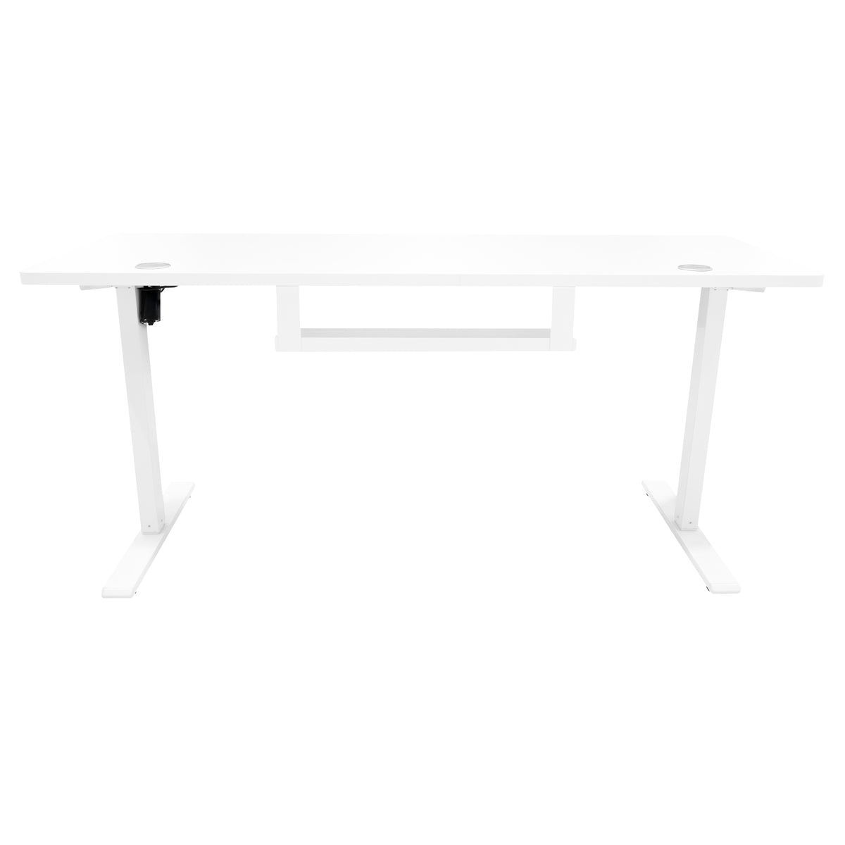Eleganter elektrischer Stehschreibtisch in Weiß, 160 cm x 60 cm, mit glatter Oberfläche, stabilen weißen Beinen und praktischer Schublade für zusätzlichen Stauraum