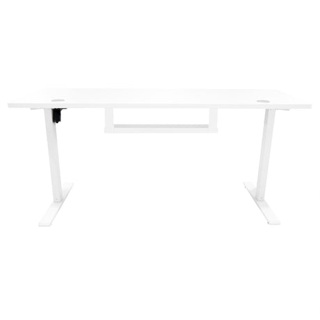 Eleganter elektrischer Stehschreibtisch in Weiß, 160 cm x 60 cm, mit glatter Oberfläche, stabilen weißen Beinen und praktischer Schublade für zusätzlichen Stauraum