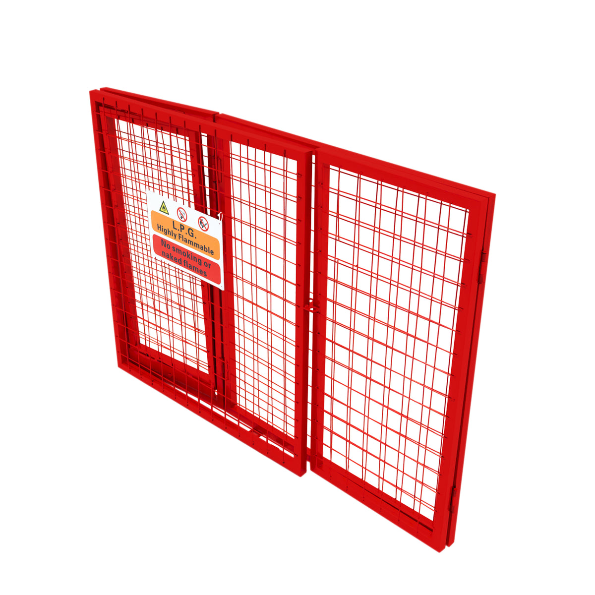 Zusammenklappbarer Gasflaschenschrank in leuchtendem Rot, aus robustem Metall mit Gitterstruktur, ideal für sichere Lagerung von Gasflaschen