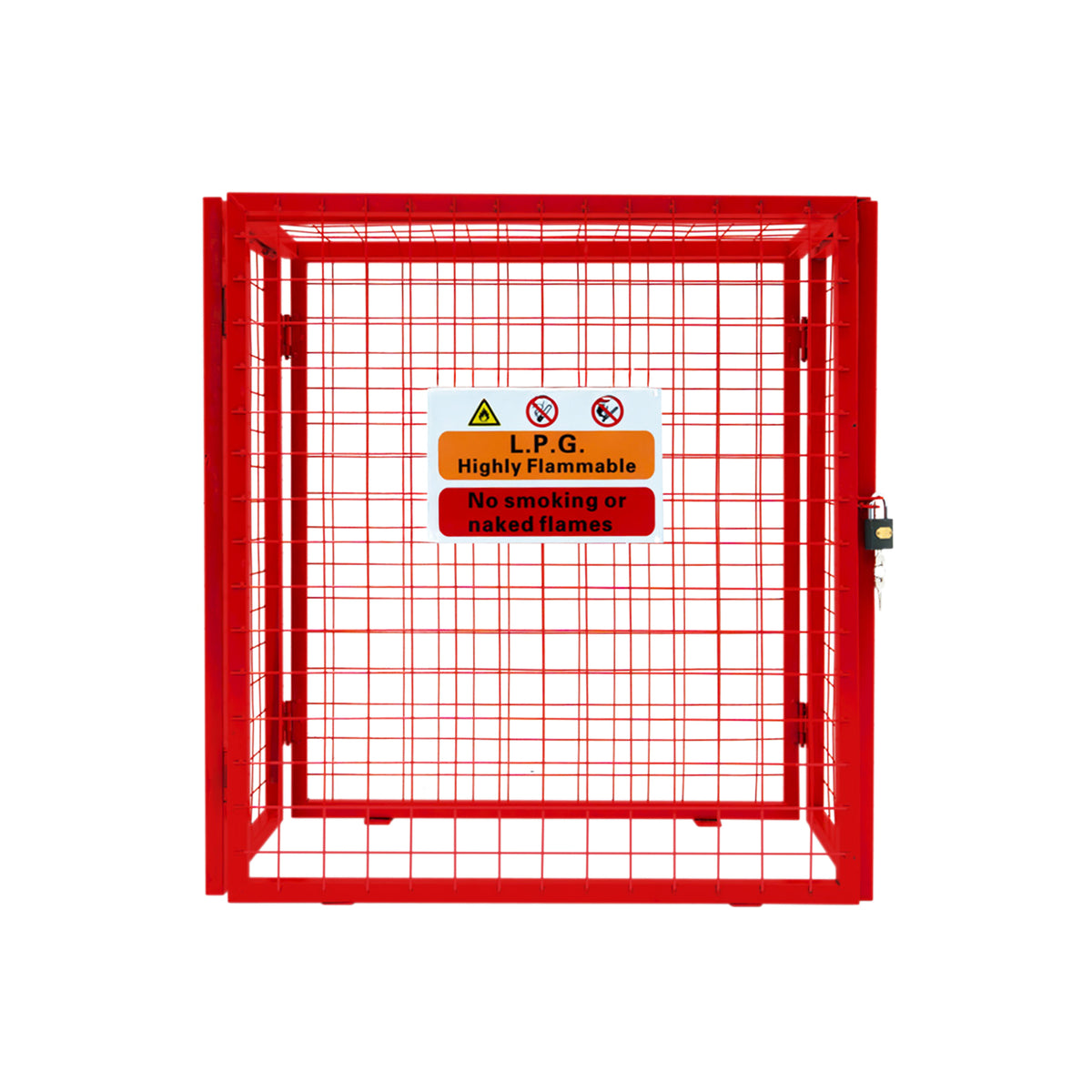Roter, zusammenklappbarer Gasflaschenschrank aus Metall mit Gitterstruktur, Sicherheitswarnungen und Schloss, ideal für die sichere Lagerung von Gasflaschen