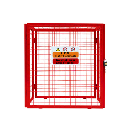 Roter, zusammenklappbarer Gasflaschenschrank aus Metall mit Gitterstruktur, Sicherheitswarnungen und Schloss, ideal für die sichere Lagerung von Gasflaschen