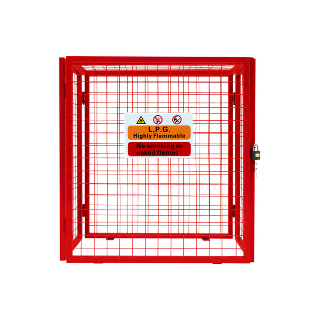 Roter, zusammenklappbarer Gasflaschenschrank aus Metall mit Gitterstruktur, Sicherheitswarnungen und Schloss, ideal für die sichere Lagerung von Gasflaschen